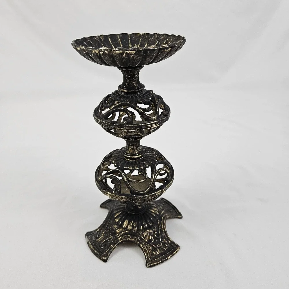 Brass Filigree Candle Holder Pierced Pillar Candlestick Moroccan Boho Old Patina